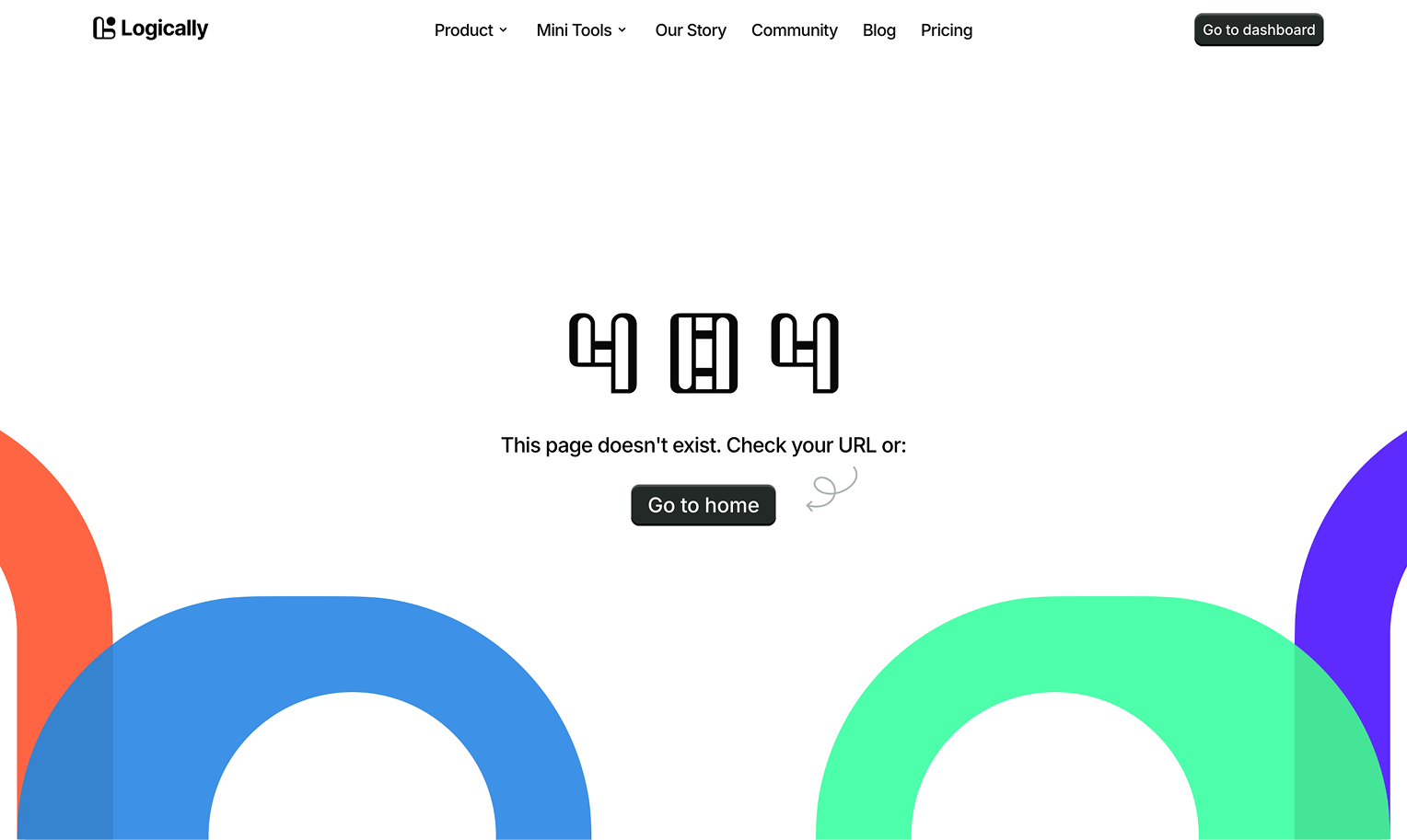 Logically custom 404 error page design with bold illustrated typography and brand colours